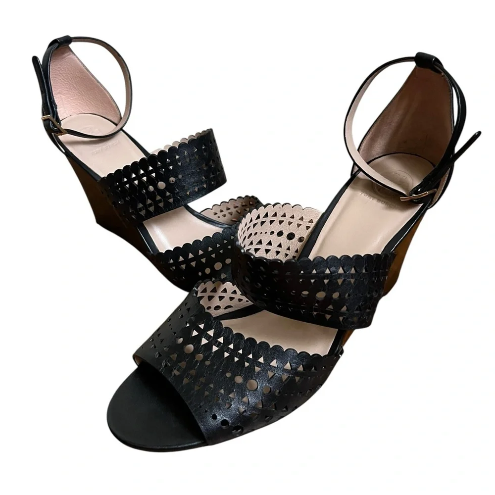 Tory Burch Black Leather Perforated Gladiator Wedge Sandals Size 11 Excellent
